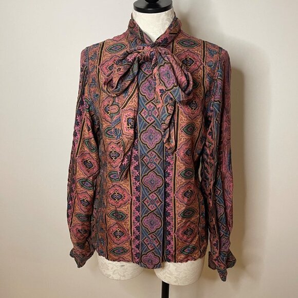 Vintage Womens Bow Blouse Size 6 Pure Rayon Button Front Neck Tie Matte Finish - Picture 13 of 16